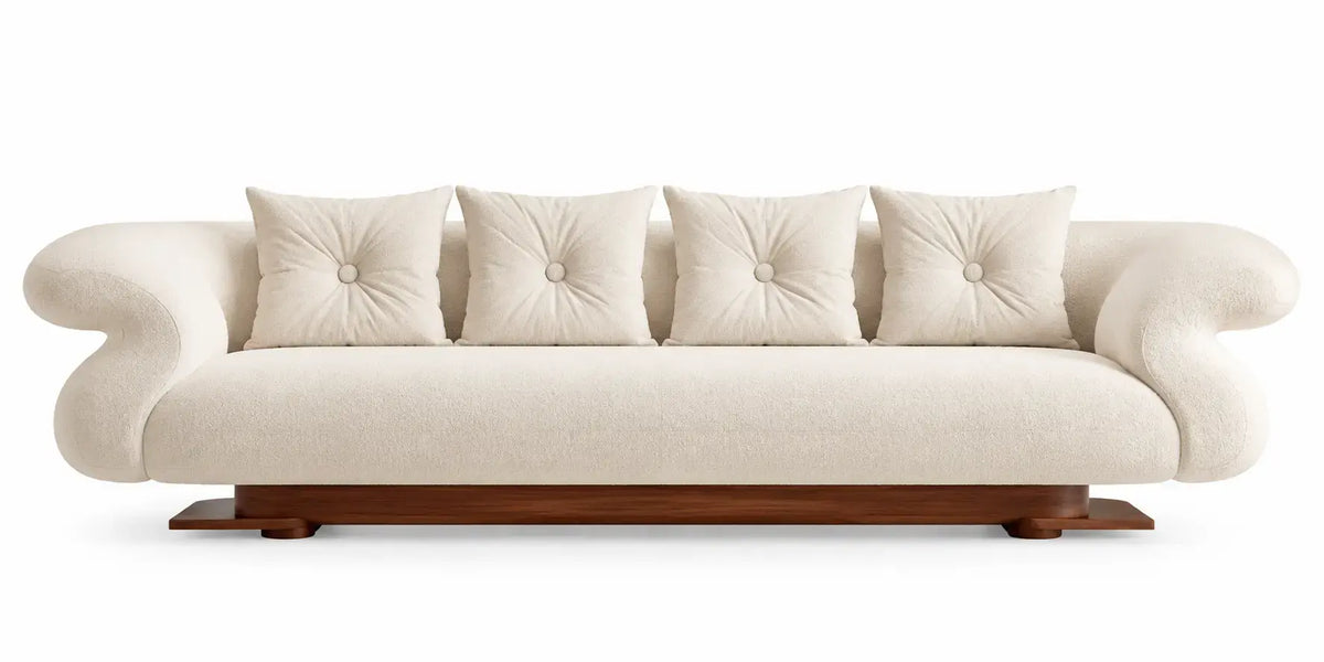 Soffa med böljande armstöd och lösa kuddar – beige/brun