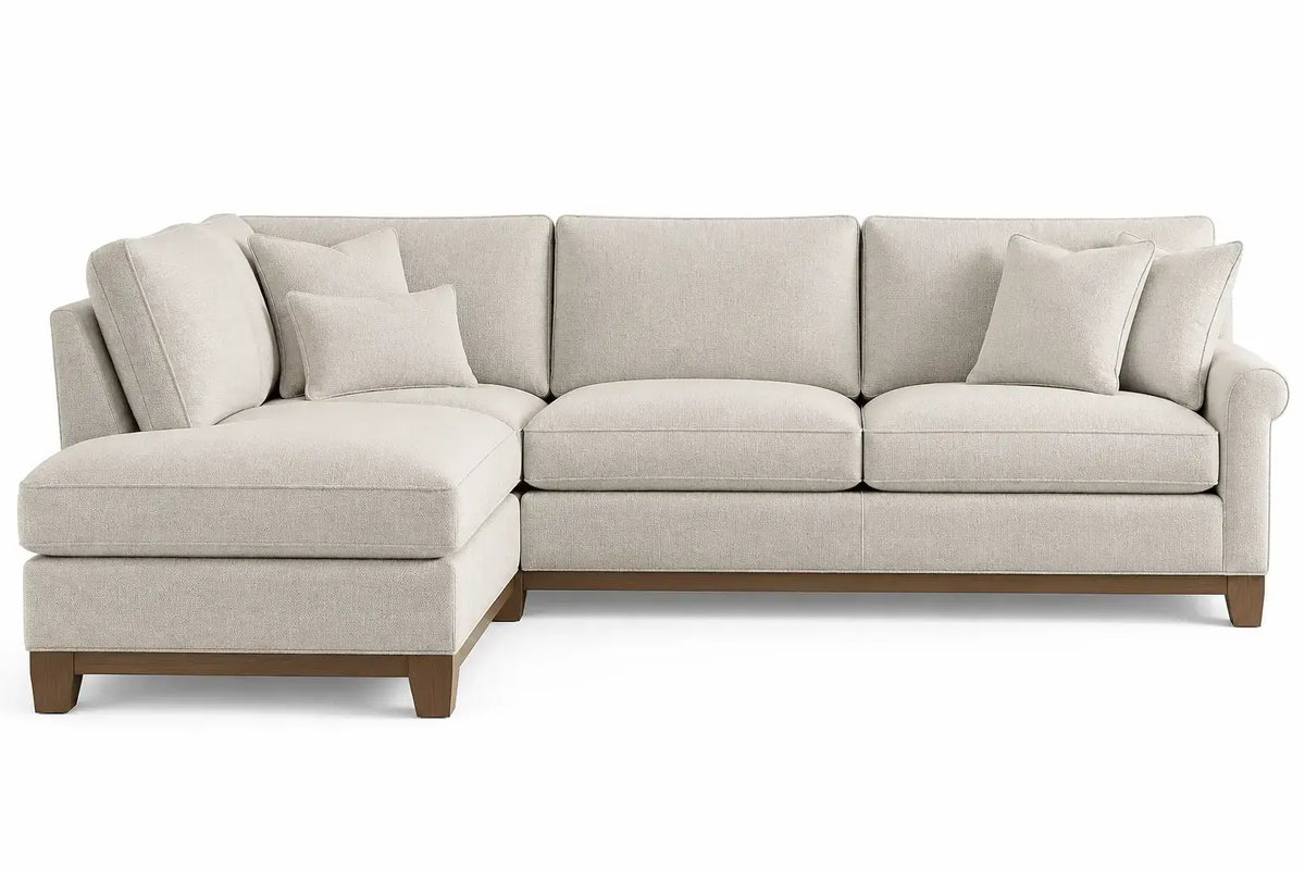 Soffa med schäslong och lösa ryggkuddar – beige/brun