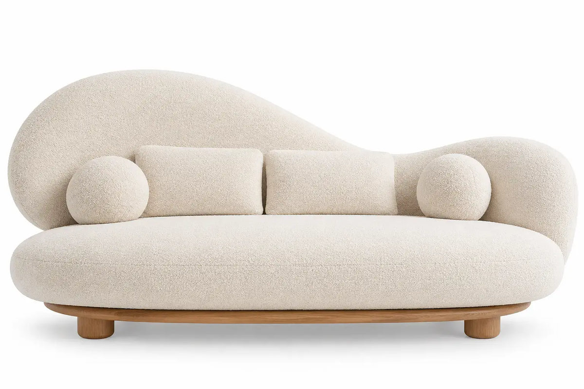 Soffa med asymmetrisk rygg och runda kuddar – beige/brun