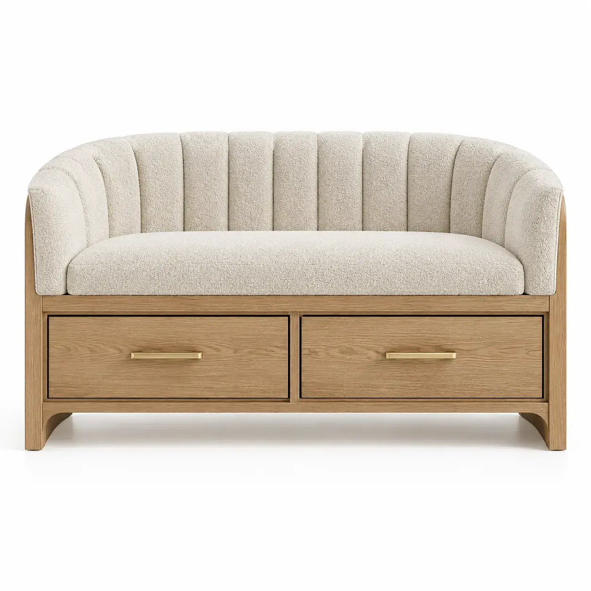 Sittbänk med rundad klädd rygg och lådor – beige/brun