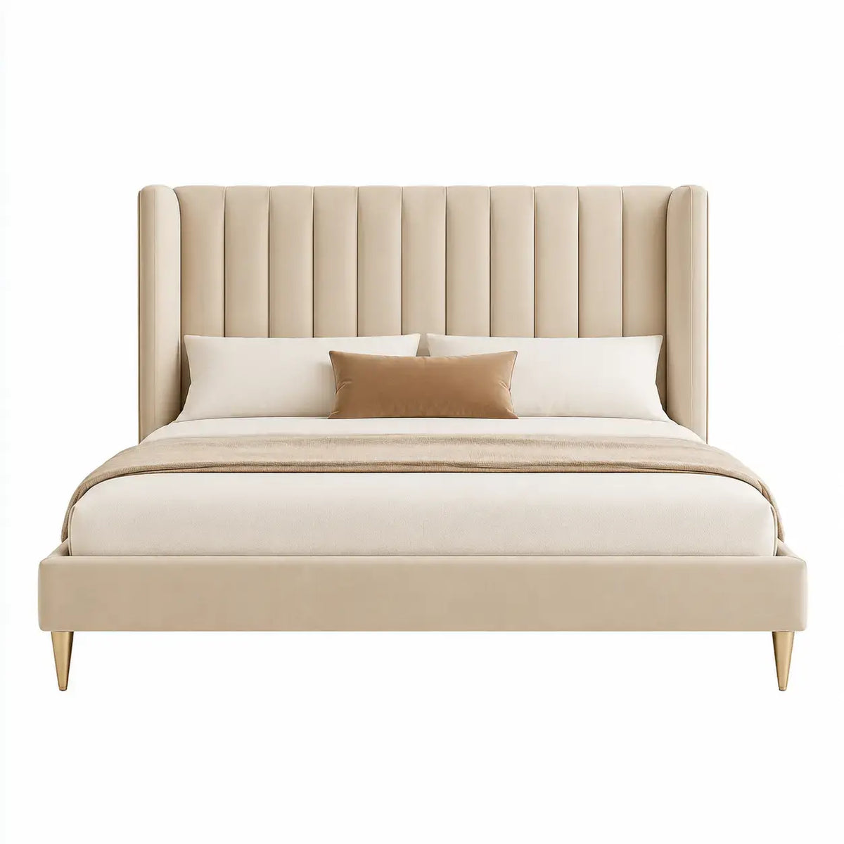 Sängram med hög kanalindelad sänggavel – beige